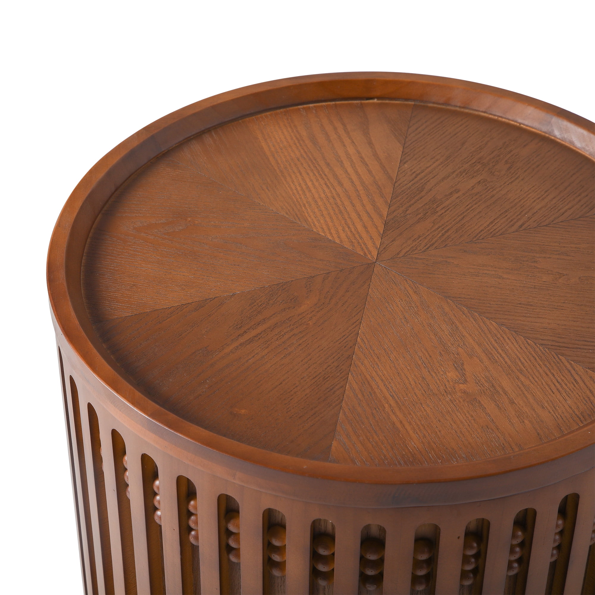 18.9" Round Walnut MDF Side Table Cylinder Lattice End Table Boho Accent Coffee Table with Flip Hidden Storage for Living Room Bedroom
