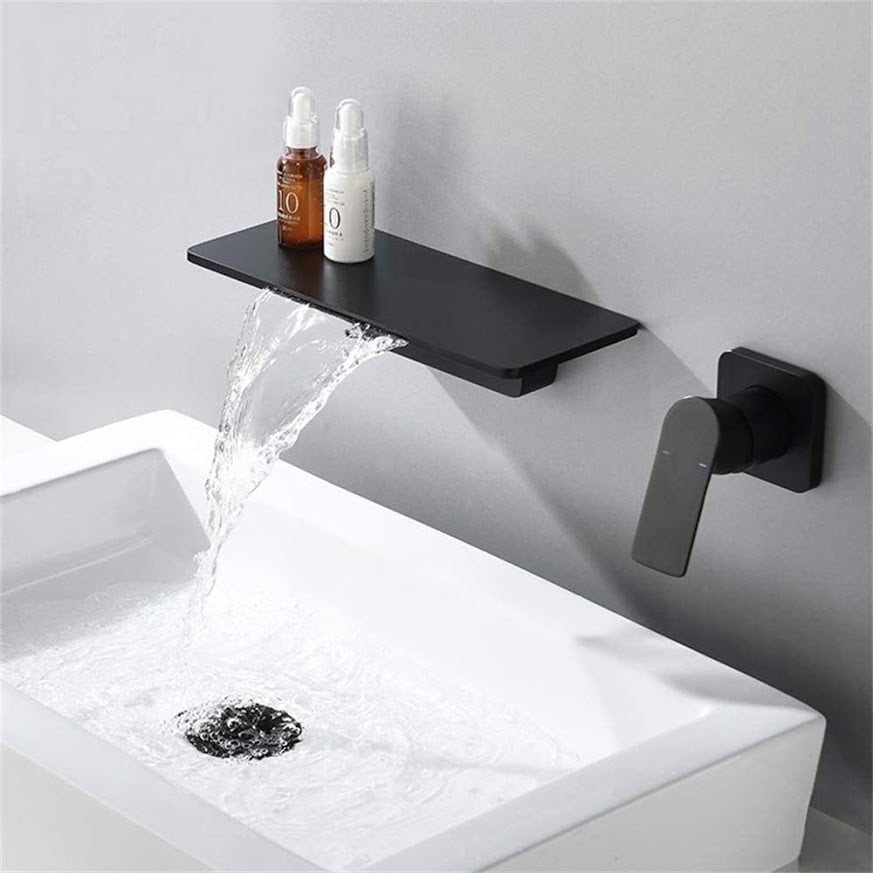 Modern 1-Handle Wall Mounted Waterfall Bathroom Sink Faucet Matte Black Finish 