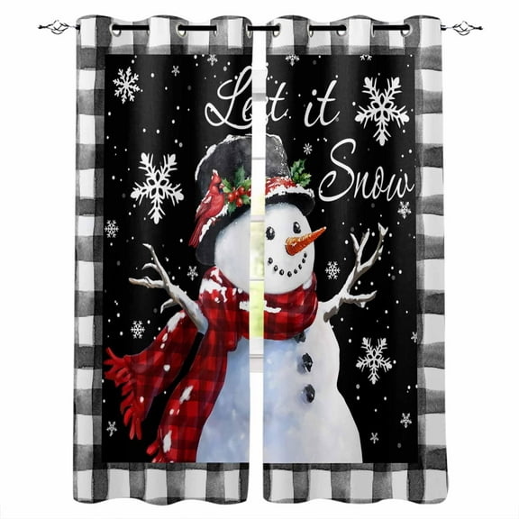 Hokiten Black Plaid Christmas Blackout Curtains | Light Blocking Print Window Curtains, Watercolor Snowman Snowflake Thermal Insulated Window Drapes for Living Room Kitchen (2 Panels, 84"W x 84"L)