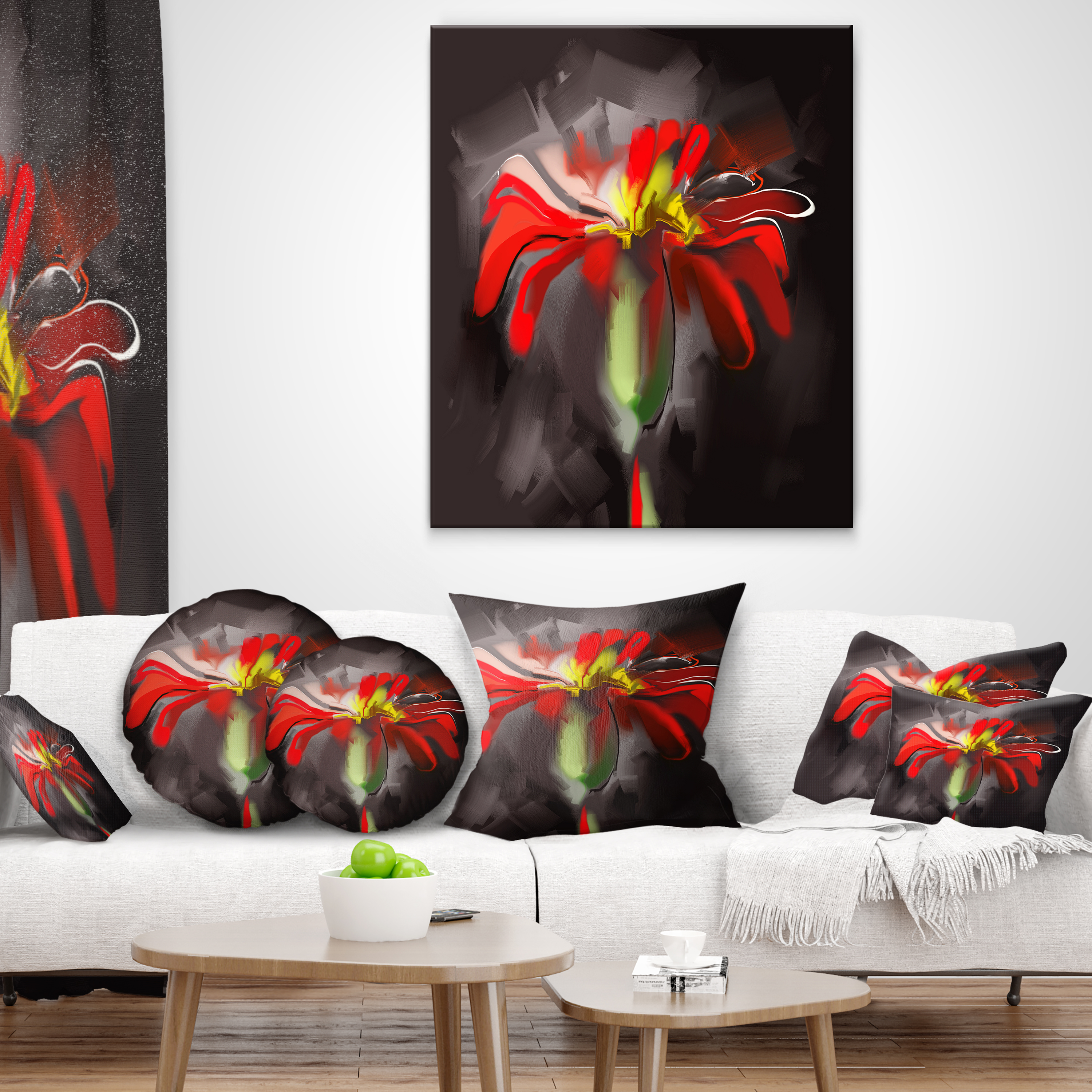 Designart Abstract Red Flower - Floral Throw Pillow - 12x20