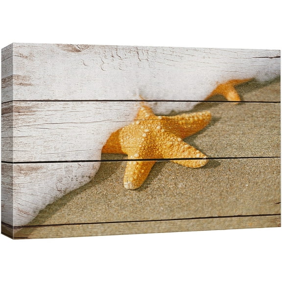 wall26 Canvas Print Wall Art Starfish & Ocean Waves on Wood Panels Nature Wilderness Mixed Media Modern Art Rustic Relax/Calm Multicolor for Living Room, Bedroom, Office - 32"x48"