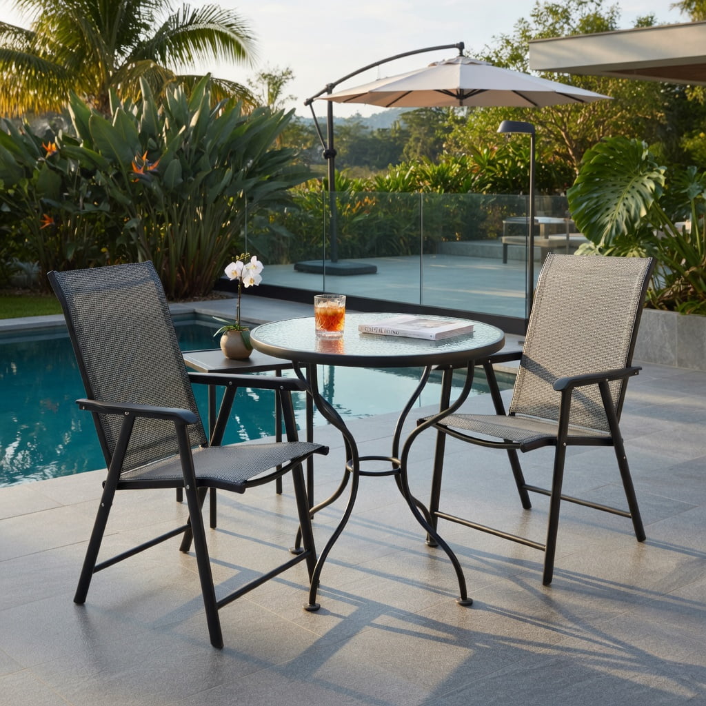 Hommoo 4-Pack Foldable Outdoor Patio Chairs, Steel Frame & Textilene Seat, Lightweight Camping Chairs for Backyard, Deck, Picnic, and Tailgating, Gray