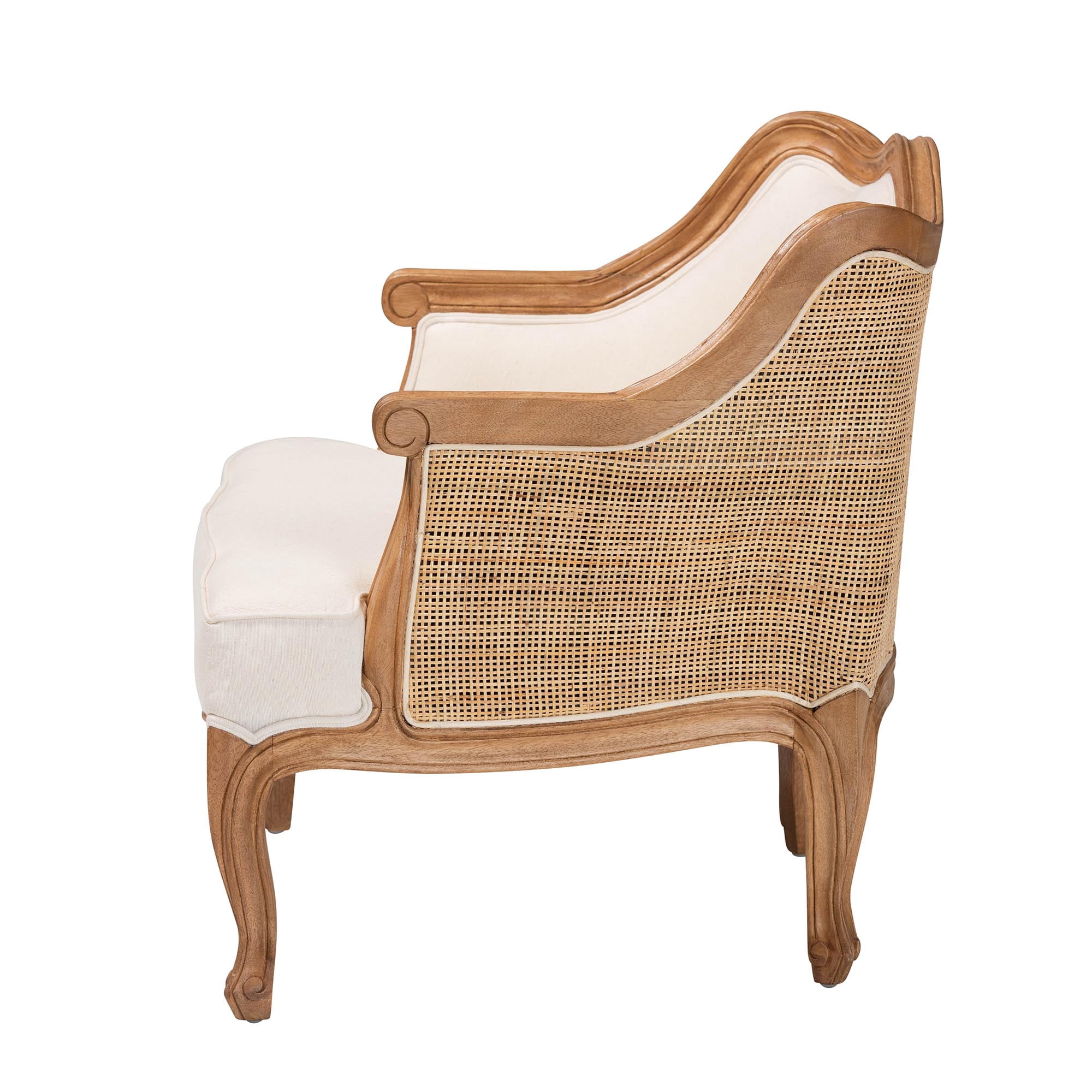bali & pari Sylvestra Traditional Bayur Wood Fabric Armchair, Beige/Honey Oak