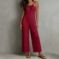 thumbnail image 6 of Women's Solid‑Color Spaghetti Strap Wide‑Leg Jumpsuit Front Tie V‑Neck Back Zipper Loose‑Fit One‑Piece Pants with Side Pockets Wine XL(XL), 6 of 9