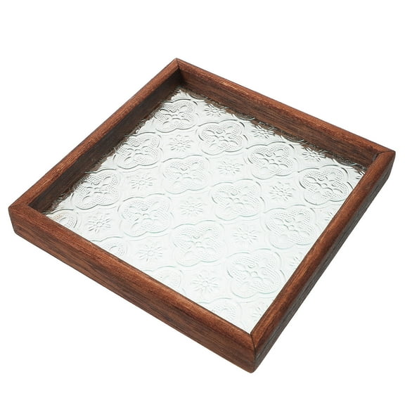 Masteelf Light Brown Wooden Serving Tray with Handles for Storage Glass Accent Elegant Design 15.5 x 11.5 Inches