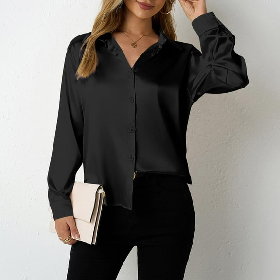 Women Shirts Blouses Long Sleeve Shirts Satin Pleated Tops Formal Button Down T Shirts Executive Office Business Casual Tops for Ladies Black L
