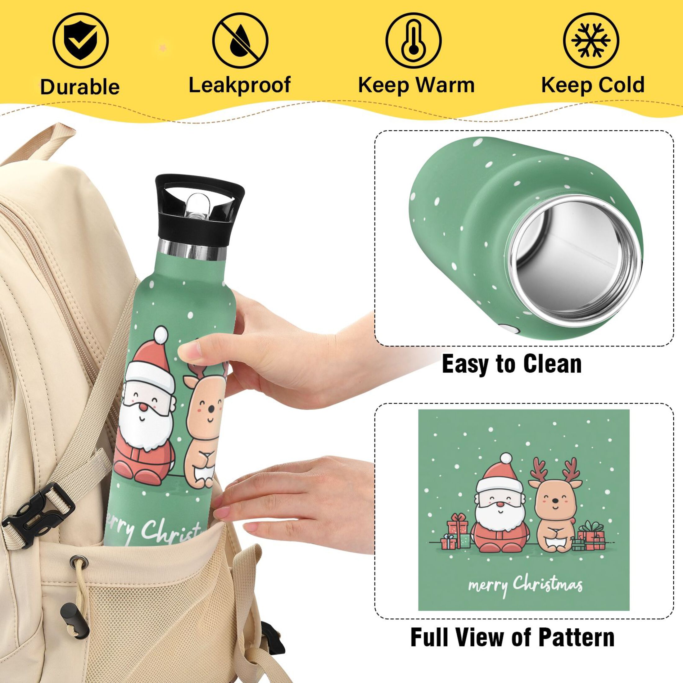 600ML Stainless Steel Insulated Cup Sports Water Bottle Portable Thermos Cup Water Glasses Insulated Tumblers Convenient and Durable Christmas Reindeer Cartoon
