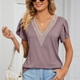 thumbnail image 2 of JWZUY Womens Crochet Lace V Neck Tops Solid Tunic Petal Sleeve Tees Shirts Blouse Short Sleeve Chiffon Elegant Tshirt Summer 2023 Pink M, 2 of 8