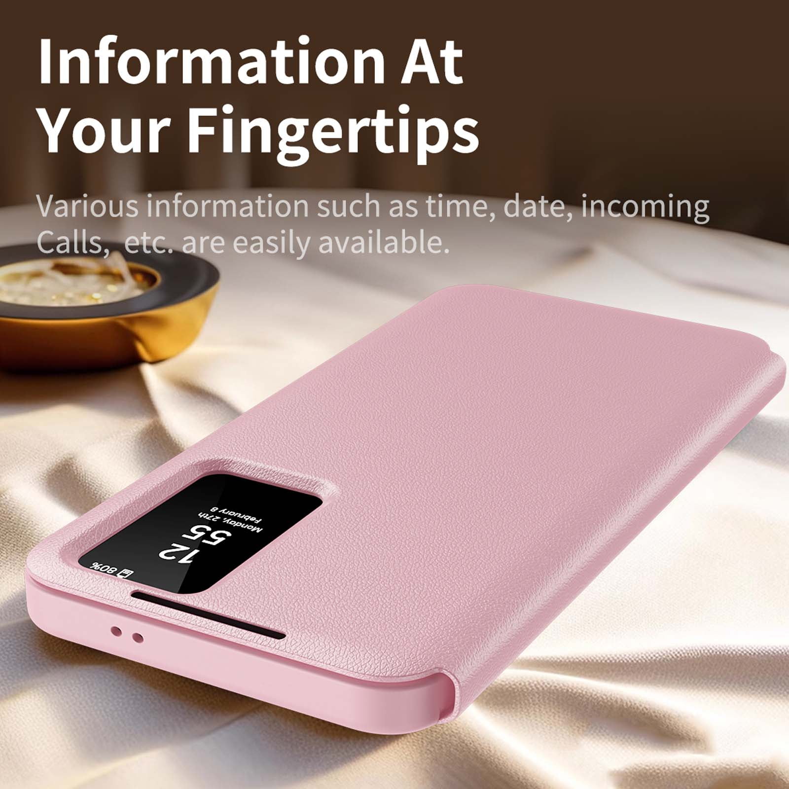 For Samsung Galaxy S25+ Case PU Leather Flip Case,With Intelligent Window,With Card Holder,Anti-fall Rugged Shockproof Protective Phone Case Cover for Samsung Galaxy S25+,Pink