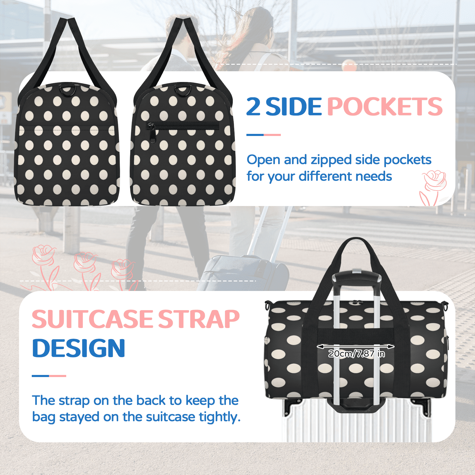Herdesigns Polka Dot Black White Gym Bag for Women, Duffle Bag for Travel Sport, Lightweight Waterproof Carry on Weekender Overnight Dance Yoga Workout Bags