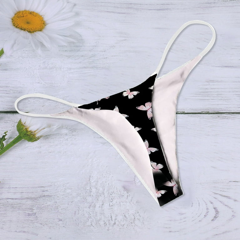Sksloeg Thong Bikini Butterfly Printed Bottom Low Rise G-String Panties Low  Waist T Back String Underpants Gift for Women,Black L