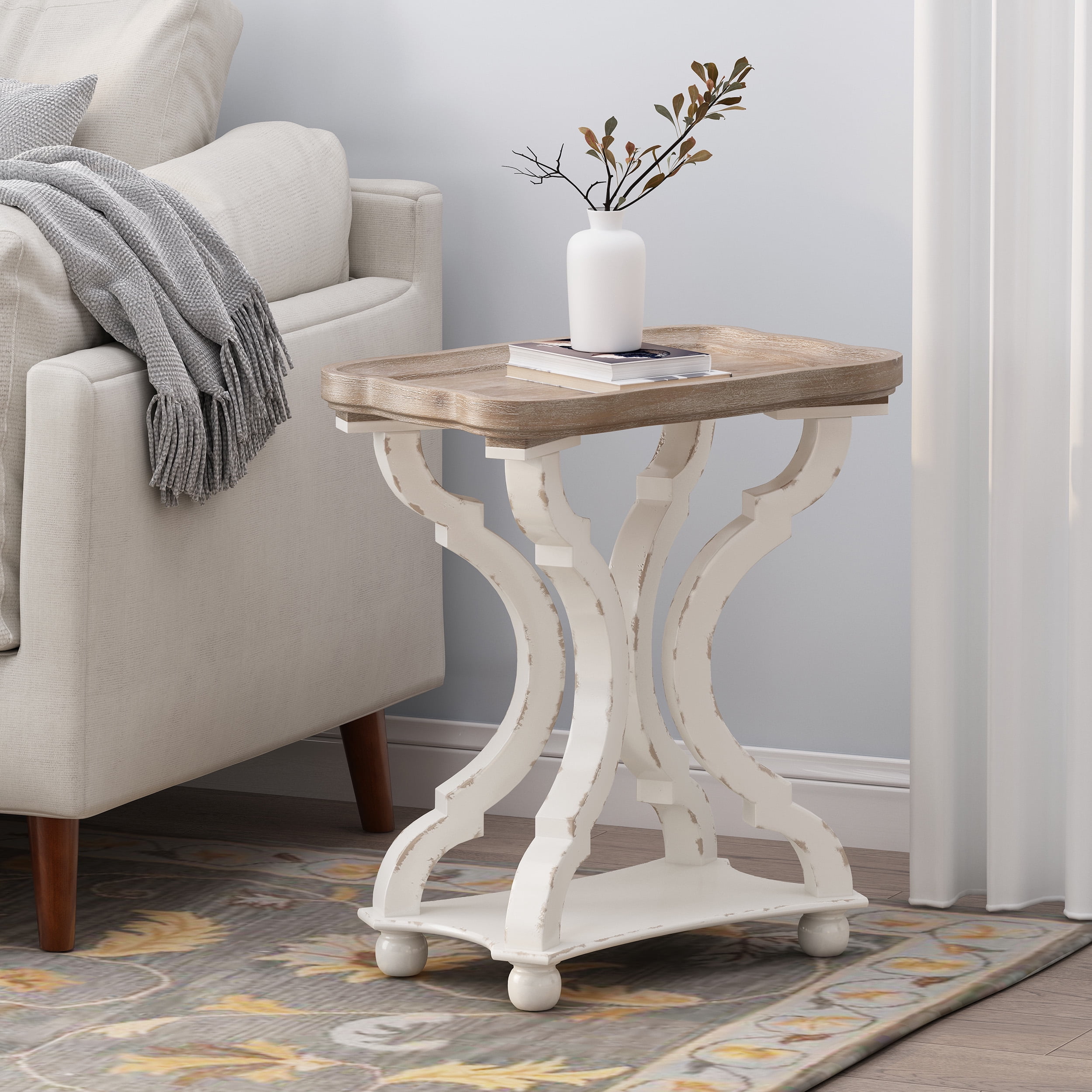 Noble House Noble House Ariyaan Fir Wood Accent Table, Distressed White, Natural