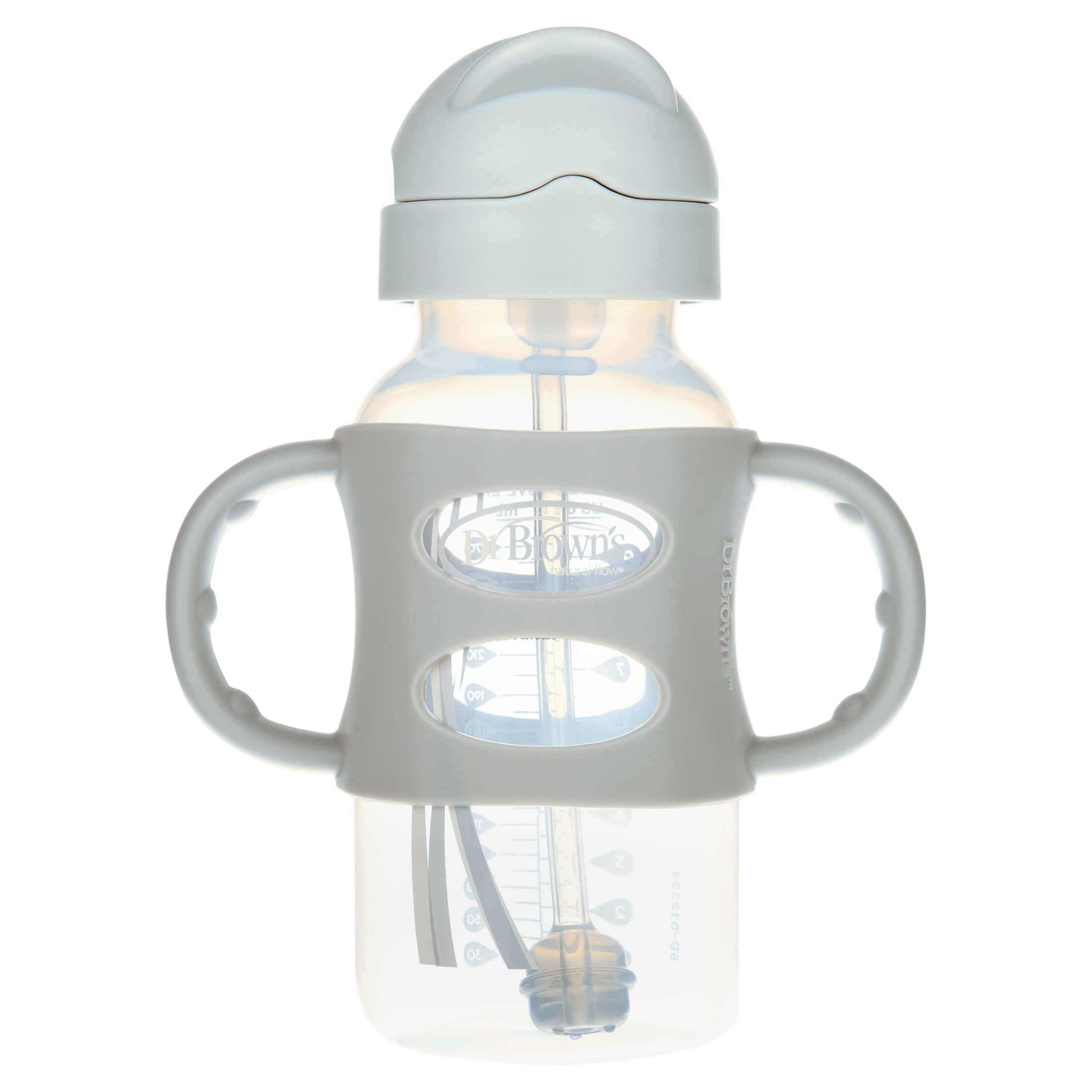 Dr. Brown's Wide-Neck Sippy Straw Bottles with Silicone Handles, Gray and Pink, 9oz/270ml, 2-Pack
