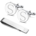 thumbnail image 1 of Stainless Steel Engraved Initial Cufflinks and Tie Clip Bar Set Alphabet Letter A-Z, 1 of 3