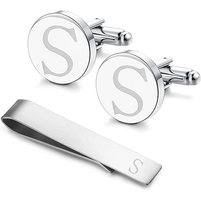 Stainless Steel Engraved Initial Cufflinks and Tie Clip Bar Set Alphabet Letter A-Z