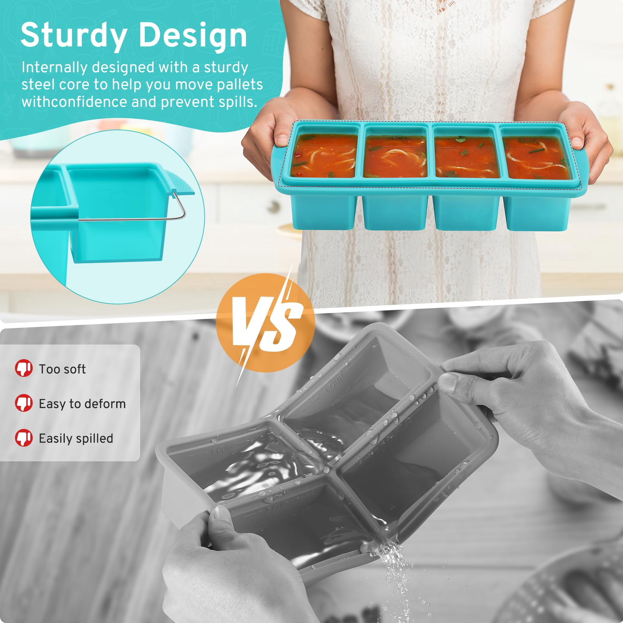 Silicone Freezer Tray With Lid - 1 Cup Food Freezers Large Ice Cube Molds Soup  Sauce Leftovers Homemade Meal Prep Freezing Kitchen Storage Containers Aqua 4-pack