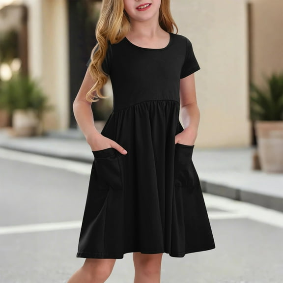XADYUY Girls Summer Dress Size 7-8 Twirly A-Line Short Sleeve Midi Dress Solid Color Beach Crew Neck Swing Sundresses with Pockets for 4-14t Kids,Black 7-8 Years