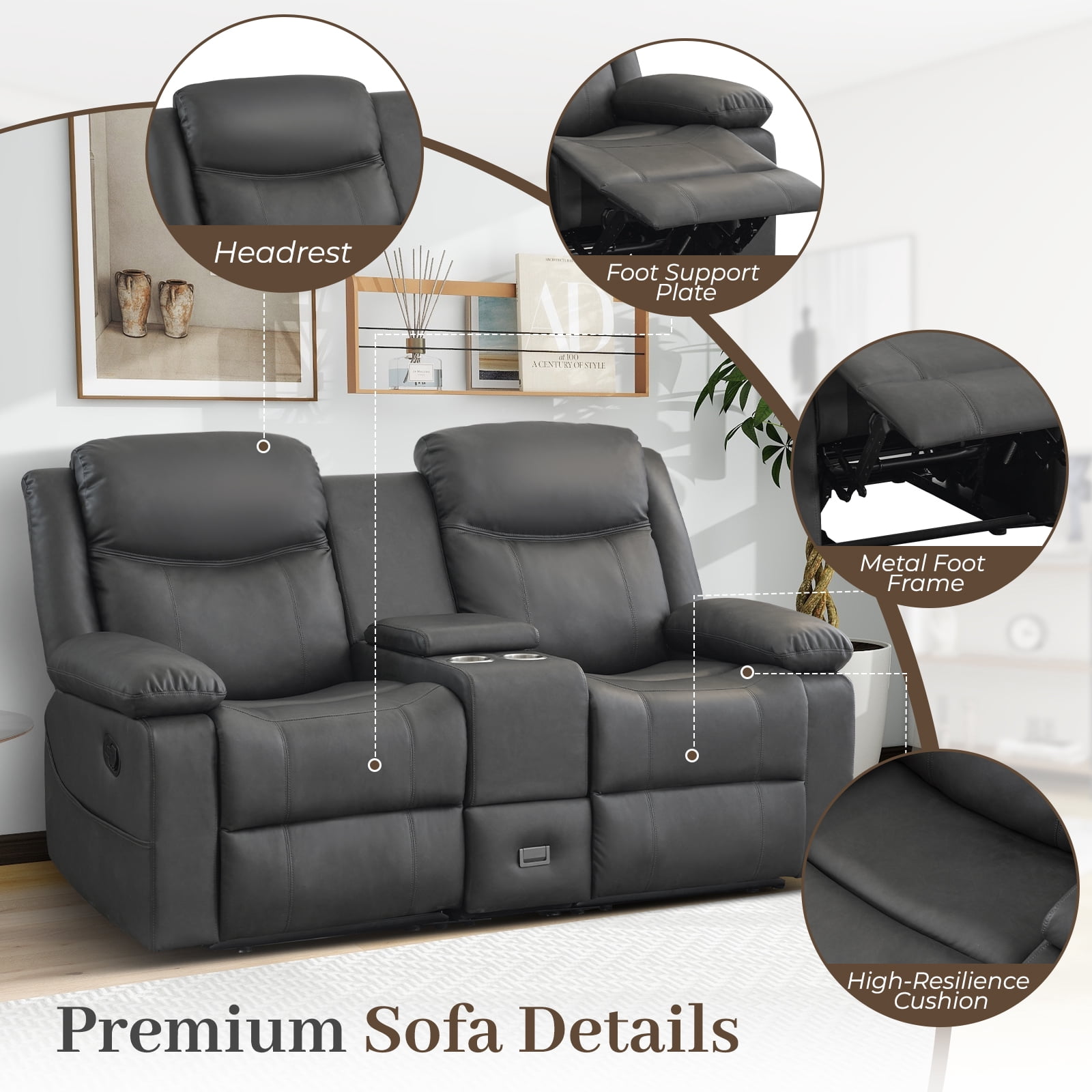 Loveseat Recliner Sofa, PU Leather Sofa Couch, Manual Recliner Loveseat with Console, Double Reclining RV Sofa with Cup Holders and Side Pocket for Living Room/Office/Apartment