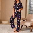 thumbnail image 2 of Ruiwill Halloween Pajamas Women Short Sleeve Lapel Tops With Pants Women 2 Pieces Pajamas Set Witch Hat Print Sleepwear Navy, 2 of 4