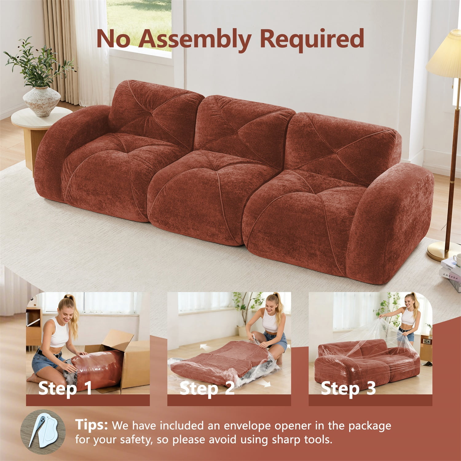 Hommoo 110" Boneless Sofa With Tufted, Luxruious Velvet Fabric Modular Sectional Sofa Couches, for Living Room Apartment, Red &Brown