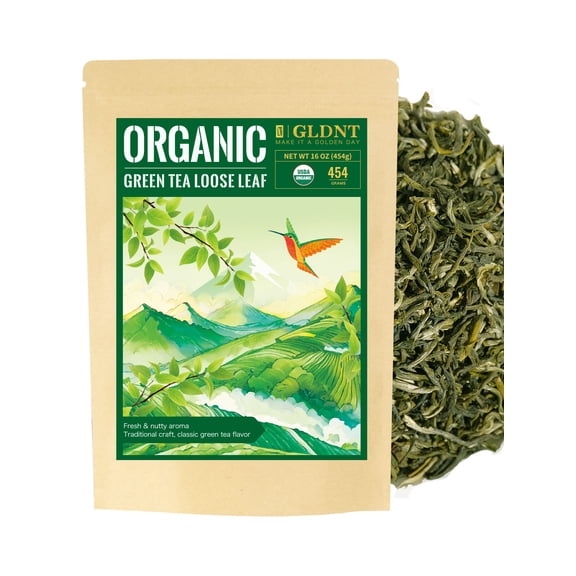 GLDNT Organic Green Tea, Loose Leaf, High Mountain, Smooth & Delicate Flavor, Caffeinated, 16oz