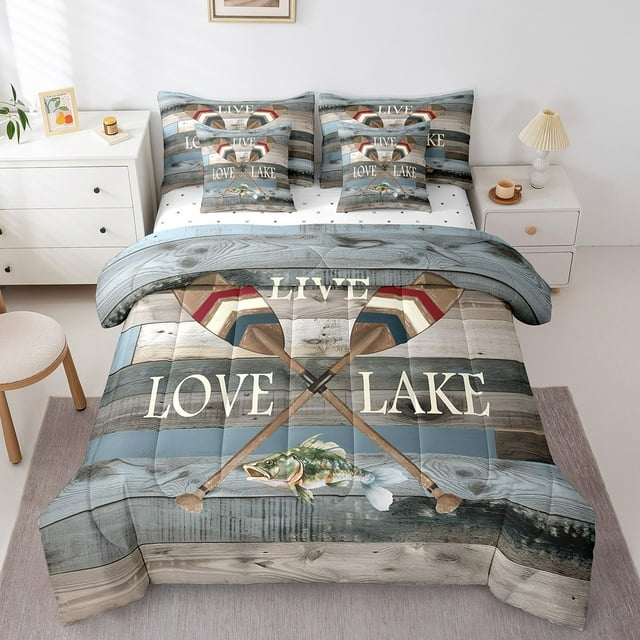 YST Lake Life 7-Piece Comforter Set, Queen – Retro Lake Cabin Decor with Paddle Pike Fish Boat Design