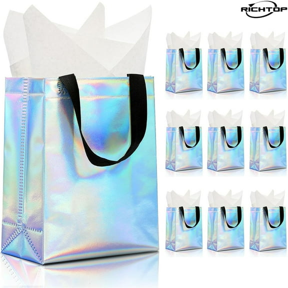 9 Pcs Glossy Small Iridescent Gift Bags Bulk, Reusable Party Bags with Tissue Paper and Sturdy Bases for Birthday, Weddings, Holiday, Party - 10*8*4 inch