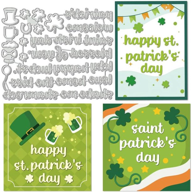Troqueles con palabras del Día de San Patricio para hacer tarjetas, plantilla de trébol irlandés de 6,3 x 5,2 pulgadas para repujado