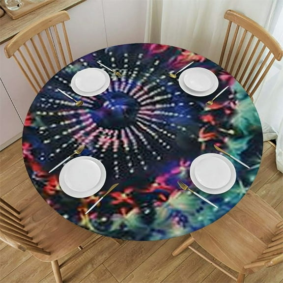 HAOXIT Tie Dye Round Fitted Tablecloth,, Elastic Edge, Suitable for Kitchen Party Picnic, Fit for Round Table 31-35