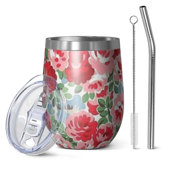 12oz Stemless Wine Tumblers Pioneer Flower Vacuum Insulated Stainless Steel Travel Tumbler Cups Mug with Lid and Straw for Champaign,Cocktail,Beer with Cleaning Brush