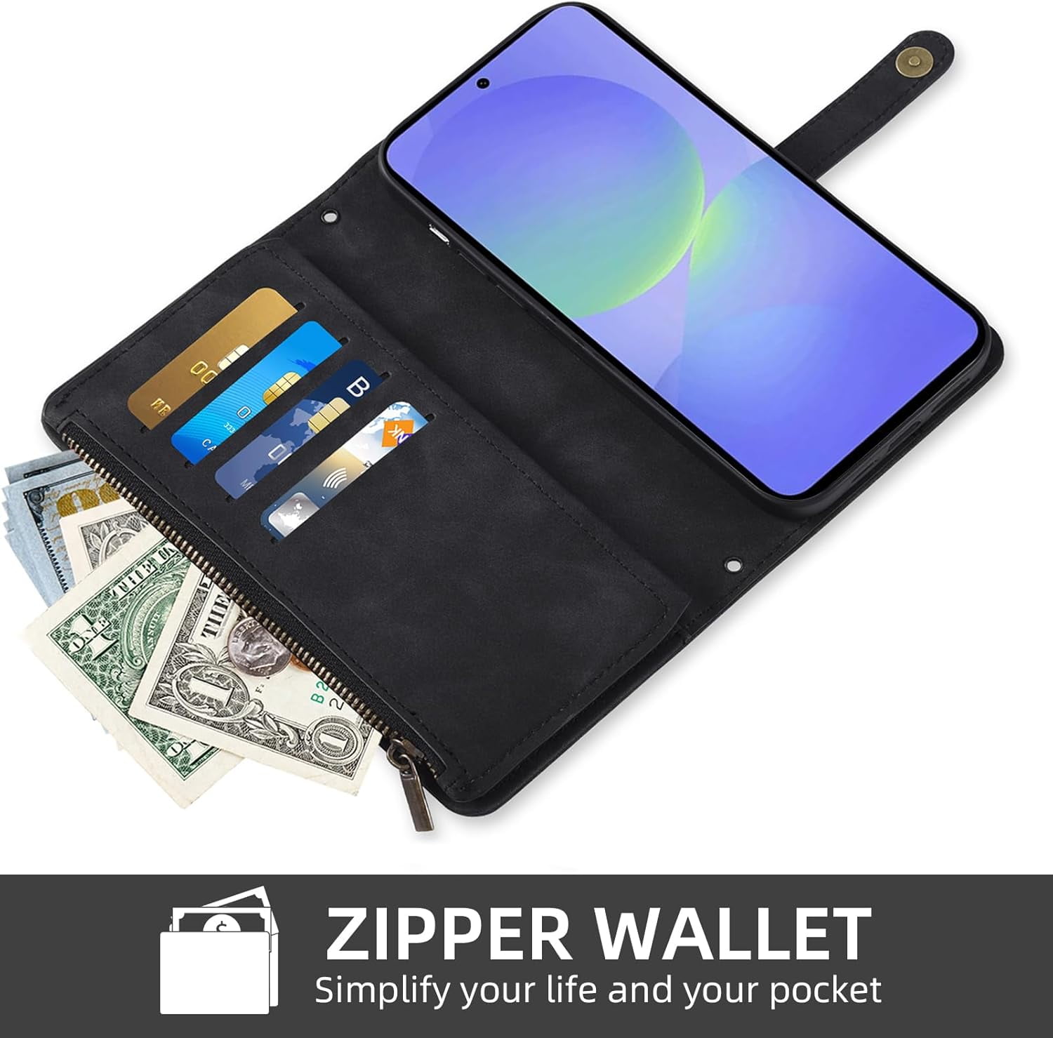 Asuwish Phone Case for Samsung Galaxy A36 5G Wallet Cover With Tempered Glass Screen Protector Crossbody Wrist Strap Flip Pattern Zipper Credit Card Holder Cell A 36 36A LTE SM-A366U Women Men Black