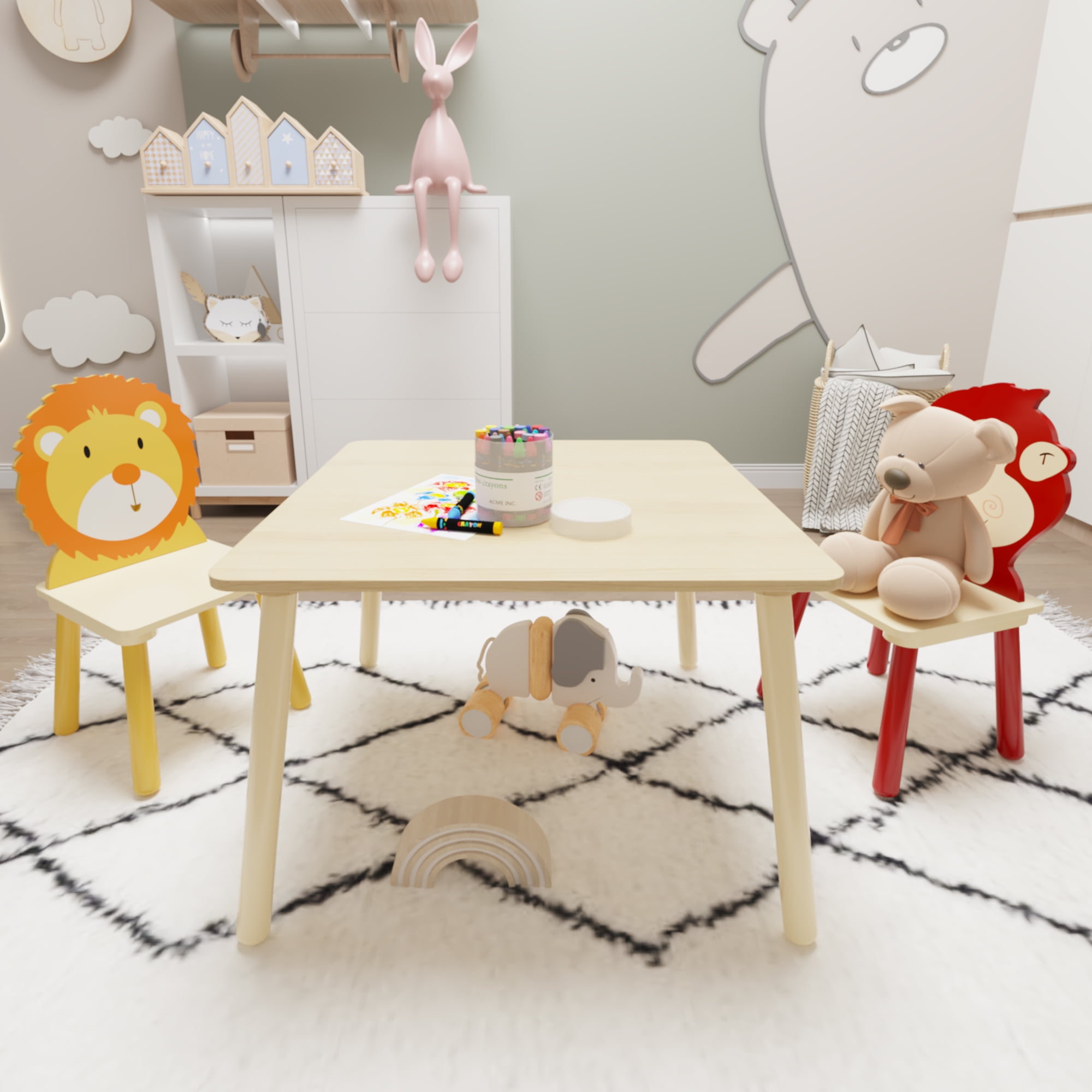 iRerts Kids Table and Chair Set, 3 Pieces Cartoon Animals Wood Kids Activity Table with 2 Chairs, Kids Play Table Set for 3-8 Year Old, Childrens Table and Chairs for Reading, Drawing, Jigsaw Puzzles