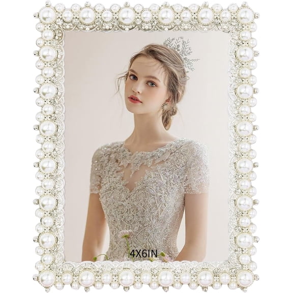 4x6IN Vintage Metal Picture Frame White Pearl Photo Frame Wedding Decoration, Clear Glass Front, Unique Tabletop or Wall Display, Horizontally & Vertically,Perfect Gift Choice