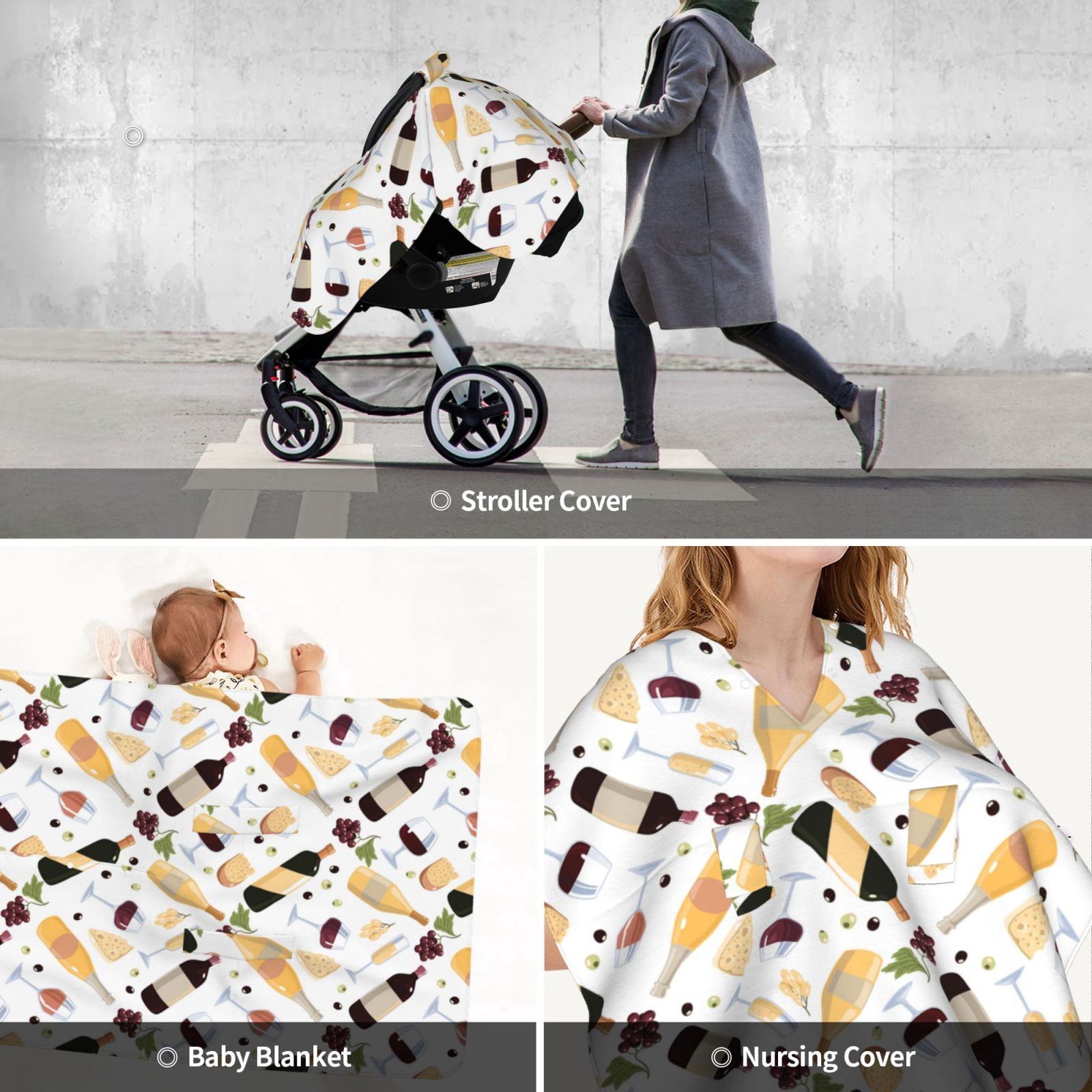 Car Seat Cover Baby - Wine Bottle Print No.9037 Breathable Infant Car Seat Cover for Baby Carseat, Lightweight Comfort Baby Essentials Must Haves Newborn Stuff for Girl Boy