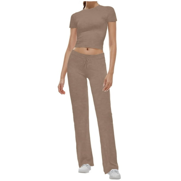 Conjunto de 2 piezas para mujer: top corto de manga corta y pantalones rectos, estilo deportivo informal, tallas reales para primavera/verano