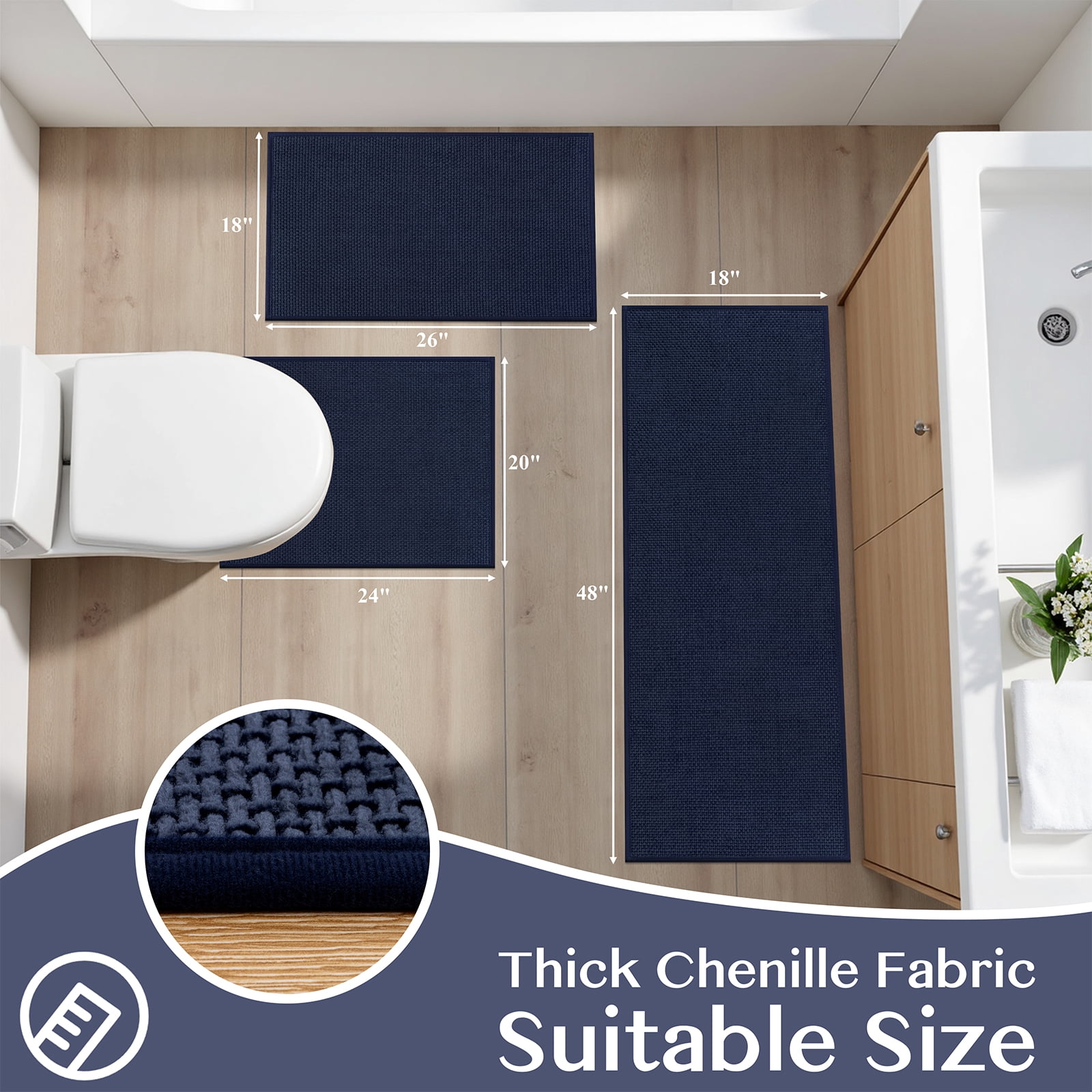Ileading 3pcs Bathroom Rugs Set with U-Shaped Mat, Non Slip, Soft, Absorbent Bath Mats for Tub, Shower, Toilet 18"x26"+18"x48"+U Shape 20"x24" Blue