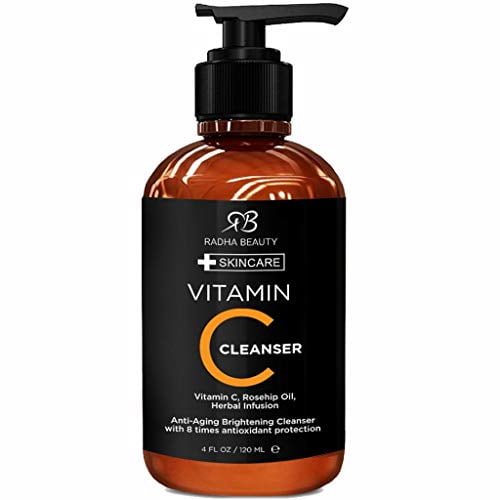 Radha Beauty Vitamin C Facial Cleanser, 4oz Clear Pores on Oily, Dry & Sensitive Skin, Anti-Aging Herbal Infusion for 8 Times Antioxidant Protection