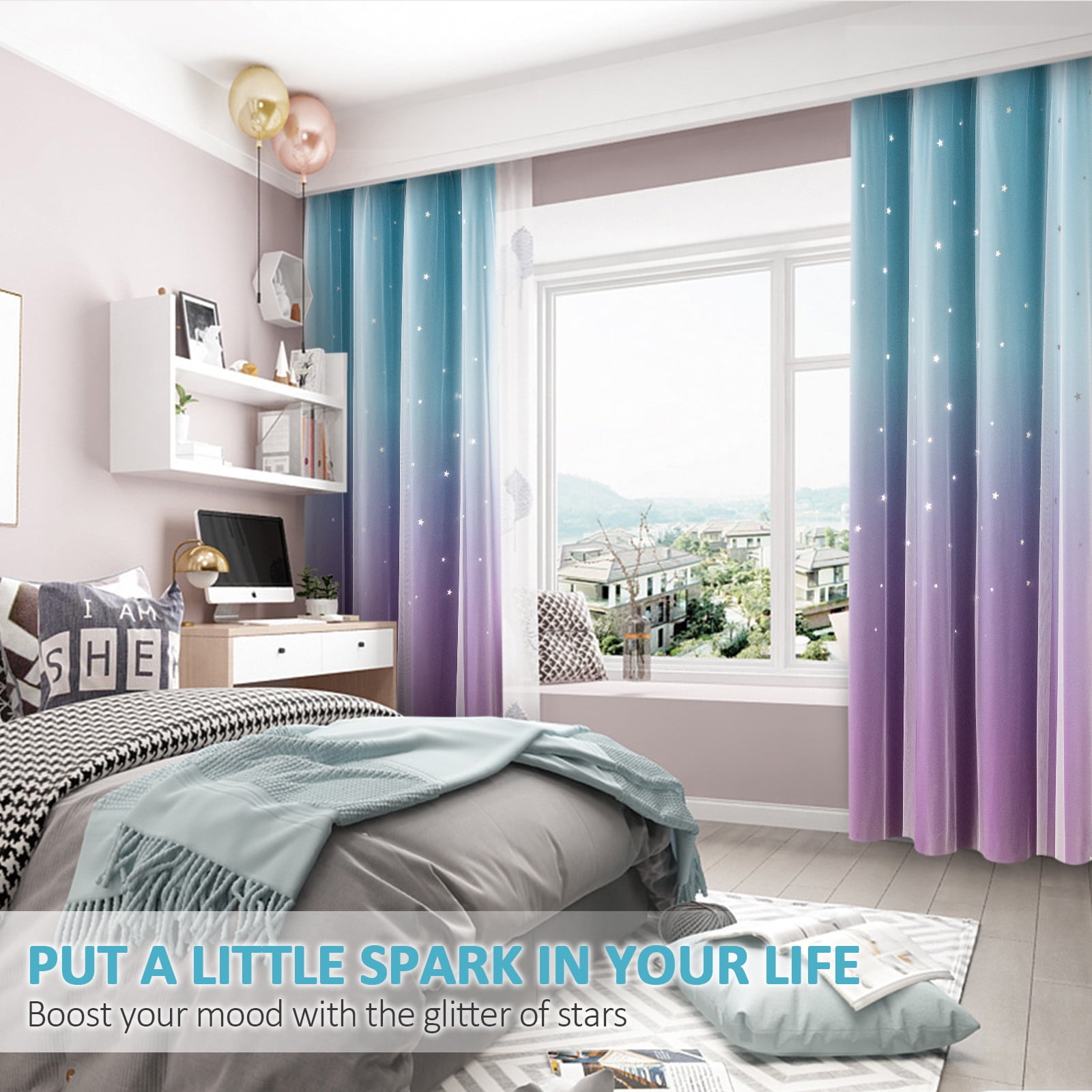 Anjee Blackout Curtains for Kids Girls Bedroom Curtain,Star Curtain Dual Layer Curtains with Sheer 2 Panel Set,52" x 95",Blue Purple
