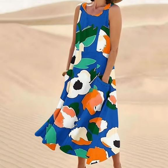 Viikei Womens Dresses Clearance,Plus Size Summer Maxi Dress for Women,Women's Sleeveless and Linen Round Neck Printed Long Dress with Pocket Dark Blue S