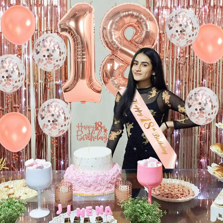 18th Birthday Decorations For Her - Pink and Rose Gold Theme - Balloons,  Banner