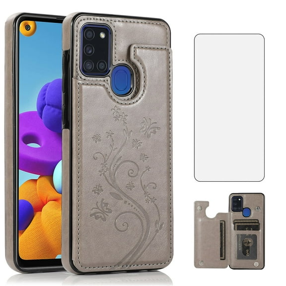 Asuwish Compatible with Samsung Galaxy A21S Wallet Phone Case Tempered Glass Screen Protector and Flower PU Leather Credit Card Holder Stand Rugged Accessories Cell Cover for A 21S Women Men Grey