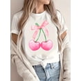 thumbnail image 2 of Camiseta de cuello redondo con estampado de cerezas rosas y lazo, ideal para uso diario, ideal para adultos, hombres, mujeres, adolescentes y jóvenes., 2 of 5
