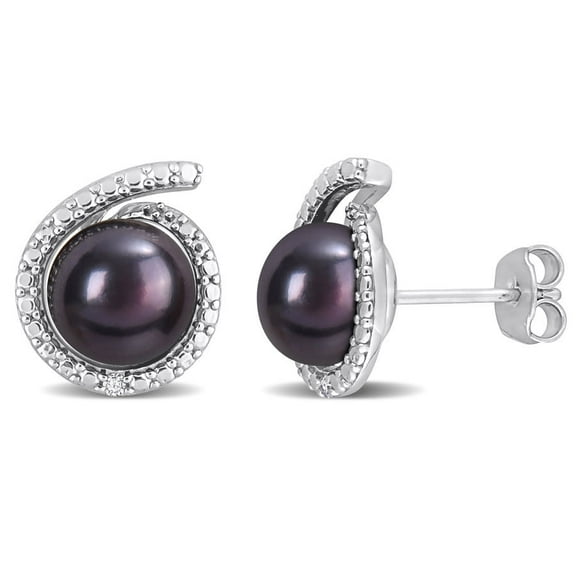 AMOUR 8-8.5mm Black Freshwater Cultured Pearl and Diamond Accent Swirl Stud Earrings In Sterling Silver