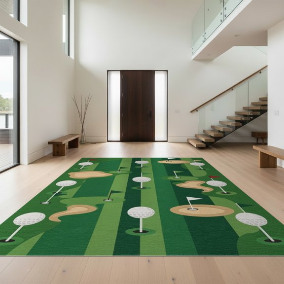 Design&I 8'x10' Washable Area Rug Sleek Flatweave Pet Friendly Ball Sport Park Layout With Flag Pin And Fairway Stripe Design Golf Flowing for King Size Bedroom, Under Bed