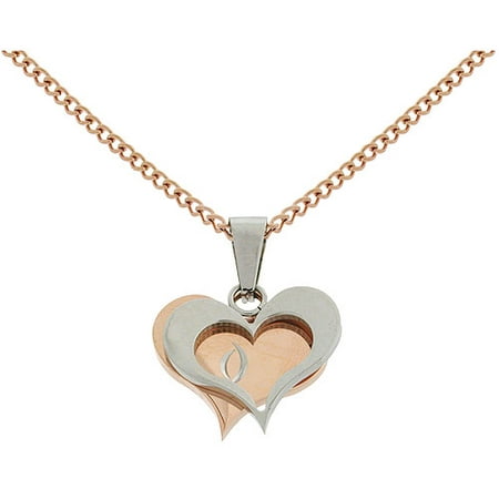 Stainless-Steel and Rose-Colored Heart Charm Necklace, 18