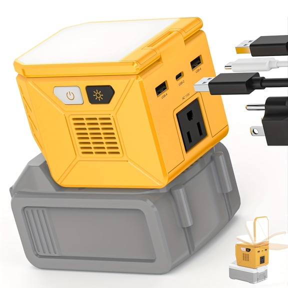 200W/350W Portable Power Inverter for Dewalt 20V/18V Battery, DC to AC 110V, 500LM LED Light, 2 USB-A 1 USB-C, Outdoor Power Station for Camping