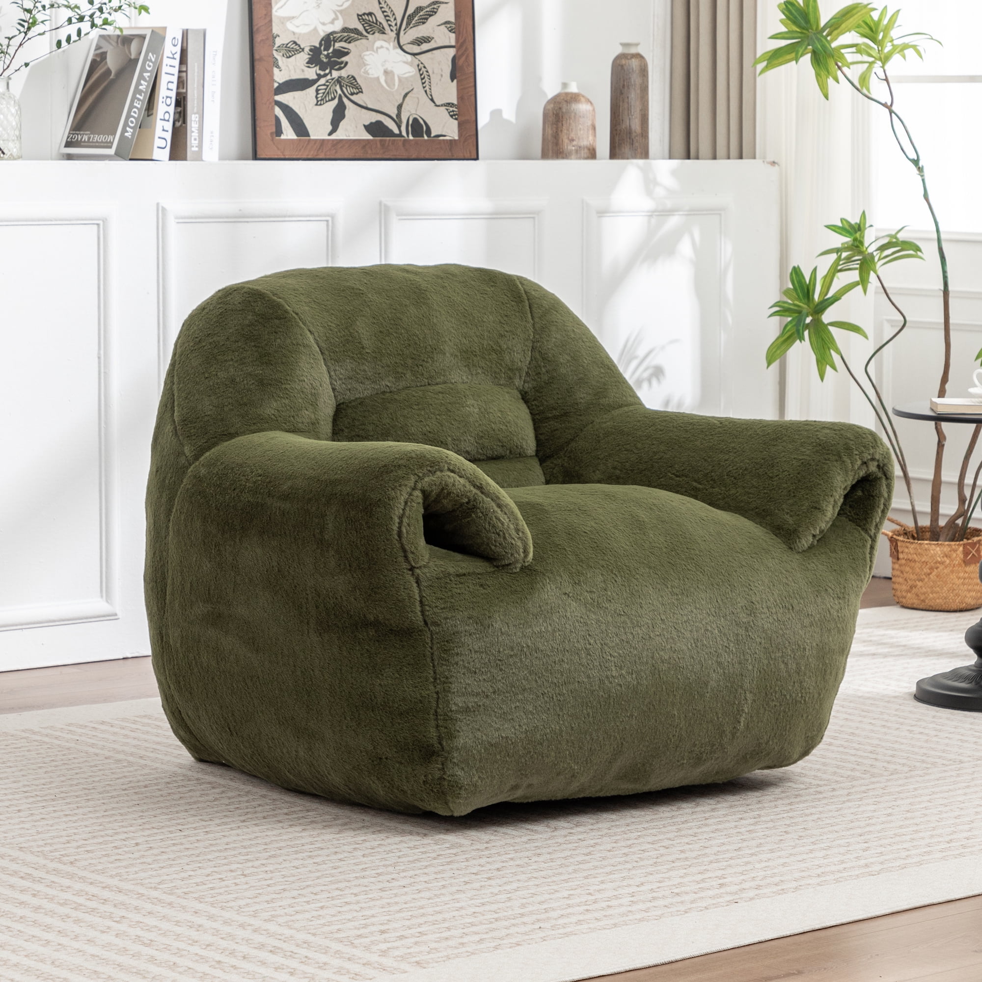FFZ Green Comfy Bean Bag Sofa With Back Support Faux Fur Chair For Adults