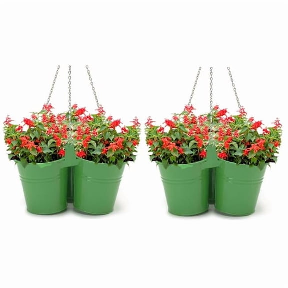HIT 8118E AG S-2 Enameled Galvanized Steel Triple Hanging Planter for 6.5 in. Plants, Apple Green - Set of 2
