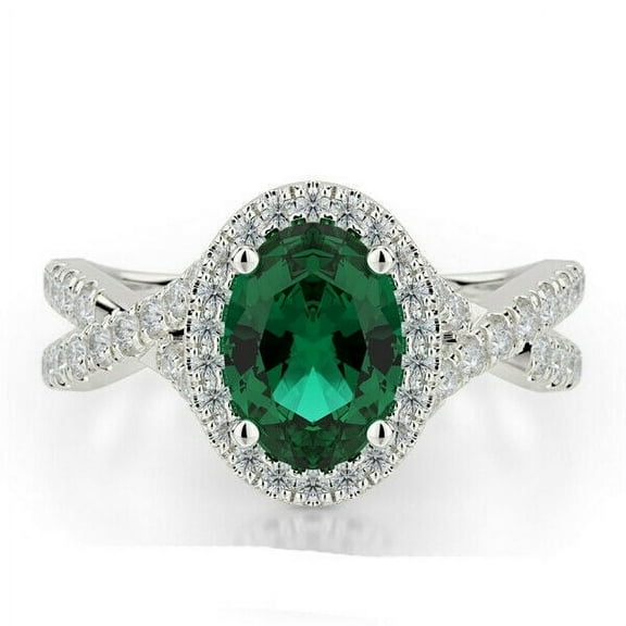 Green Emerald Diamond Ring, Oval Cut Emerald Ring, Halo Diamond Engagement Ring, Pave Set Criss Cross Shank Diamond Ring, Birthstone Ring, 925 Sterling Silver, 2.1 Ct Simulated Emerald