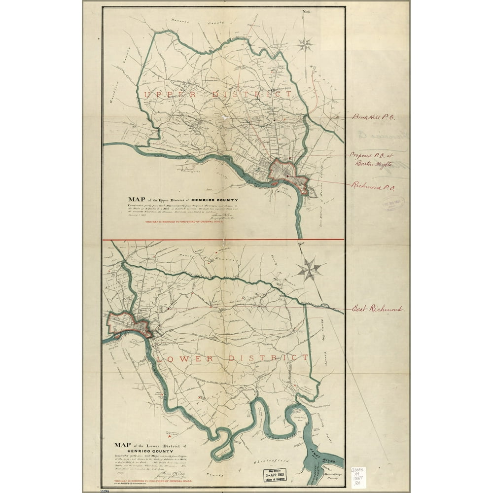 24"x36" Gallery Poster, Map of Henrico County virginia 1887 Walmart